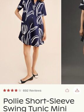 Anthropologie Navy Blue and White Pollie Short-Sleeve Swing Tunic Mini